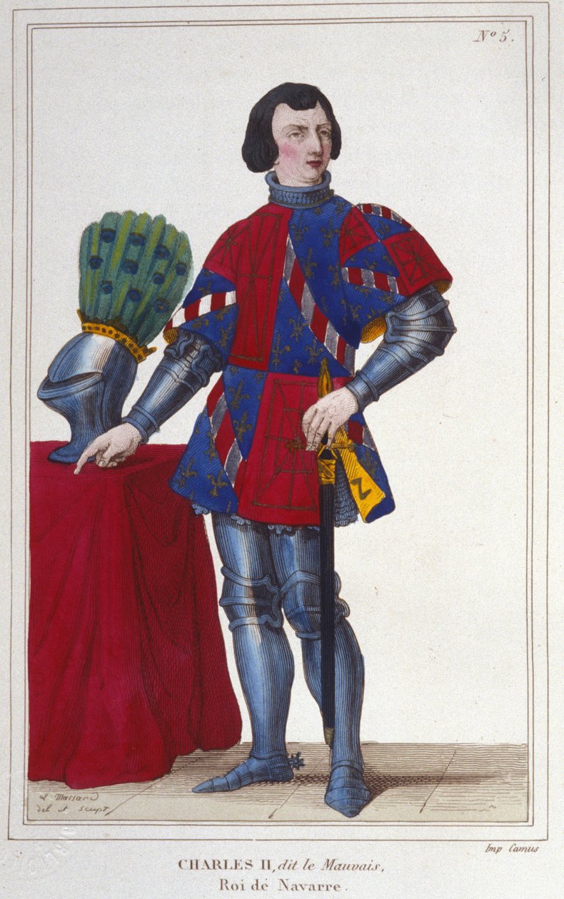 Porträtt av Karl II den Onde (1332 - 1387). Kung av Navarra - Spanien från 1349 till 1387. Gravyr från 1830 av Unknown artist