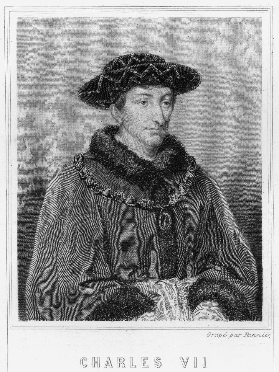 Porträtt av Karl VII (1403 - 1461), kung av Frankrike - i "Histoire des Français"" av Lavallée, gravyr, sd. av Unknown artist