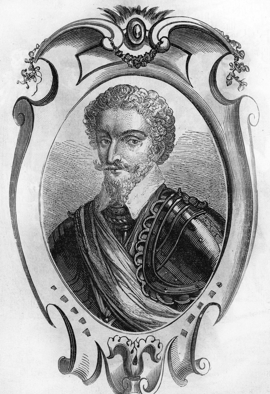 Porträtt av Charles de Gontaut, baron, sedan hertig av Biron (1562 till 1602). Maréchal de France. gravyr från 1866. av Unknown artist