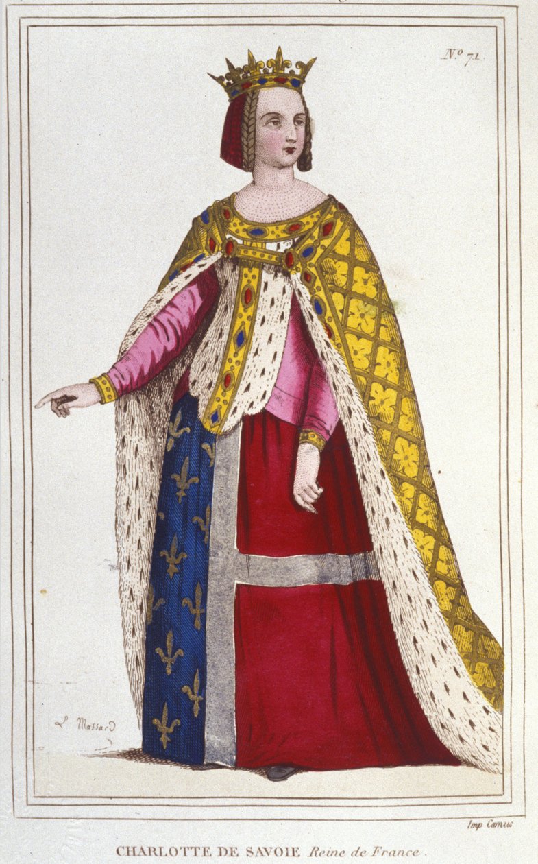 Porträtt av Charlotte de Savoy 1445 -1483 Drottning av Frankrike från 1461 till 1483 Brud till Ludvig XI (Le Prudent) i 1451 gravyr av 1830 av Unknown artist