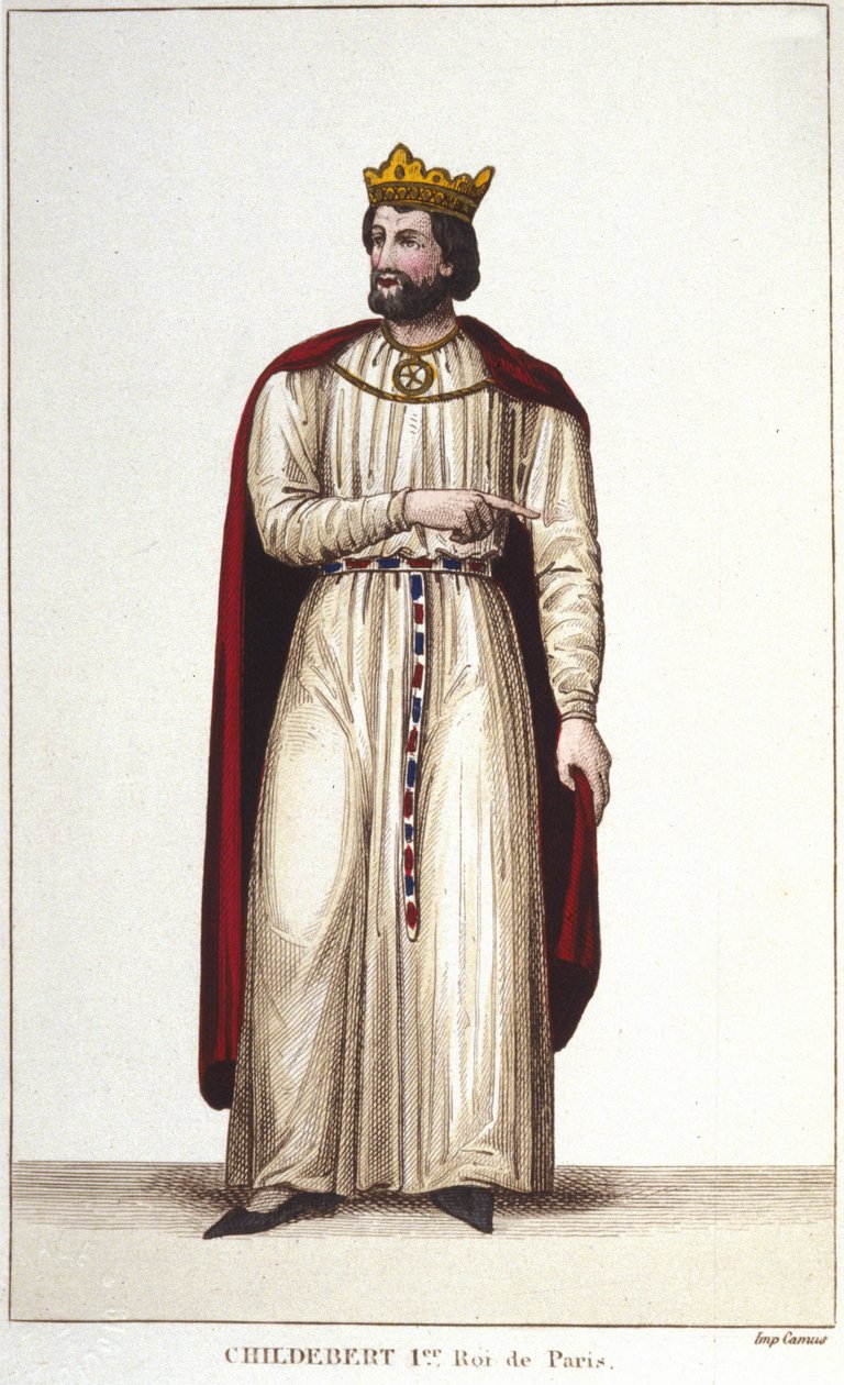 Porträtt av Childebert I (v. 495-558) kung av Paris. Gravyr från 1830 av Unknown artist
