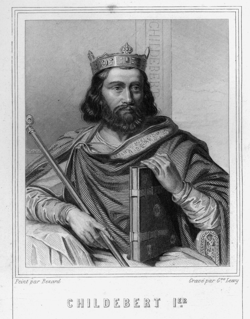 Porträtt av Childebert I (v. 495 - 558), kung av Paris - i "Histoire des Français"" av Lavallée, gravyr, sd. av Unknown artist
