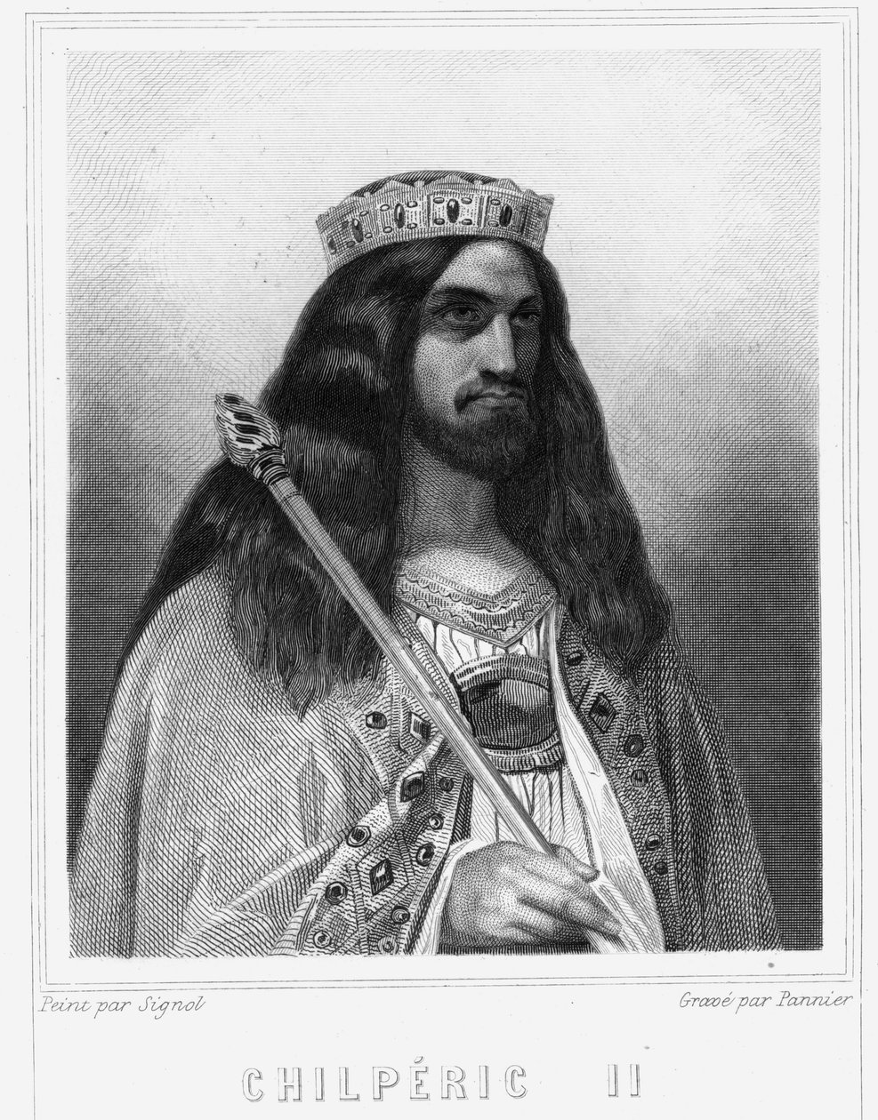 Porträtt av Childeric III (v. 670 - 721), kung av Neustrien - i "Histoire des Francais"" av Lavallee, gravyr, sd. av Unknown artist