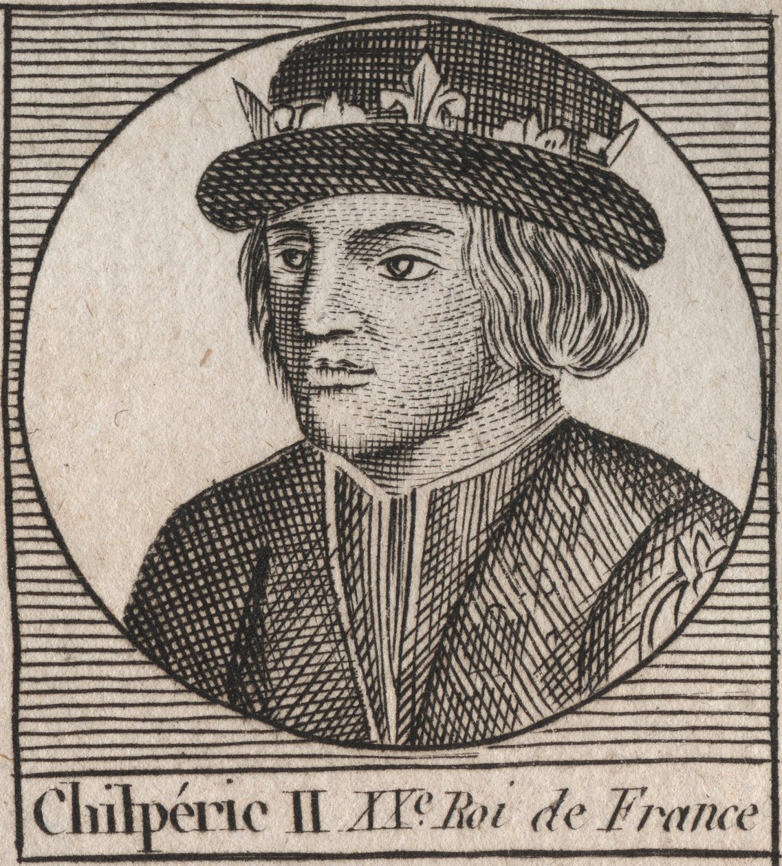Porträtt av Chilperic II (ca 670 - 721), kung av Neustrien - CHILPERIC II kung av frankerna - gravyr från "Instruction sur l