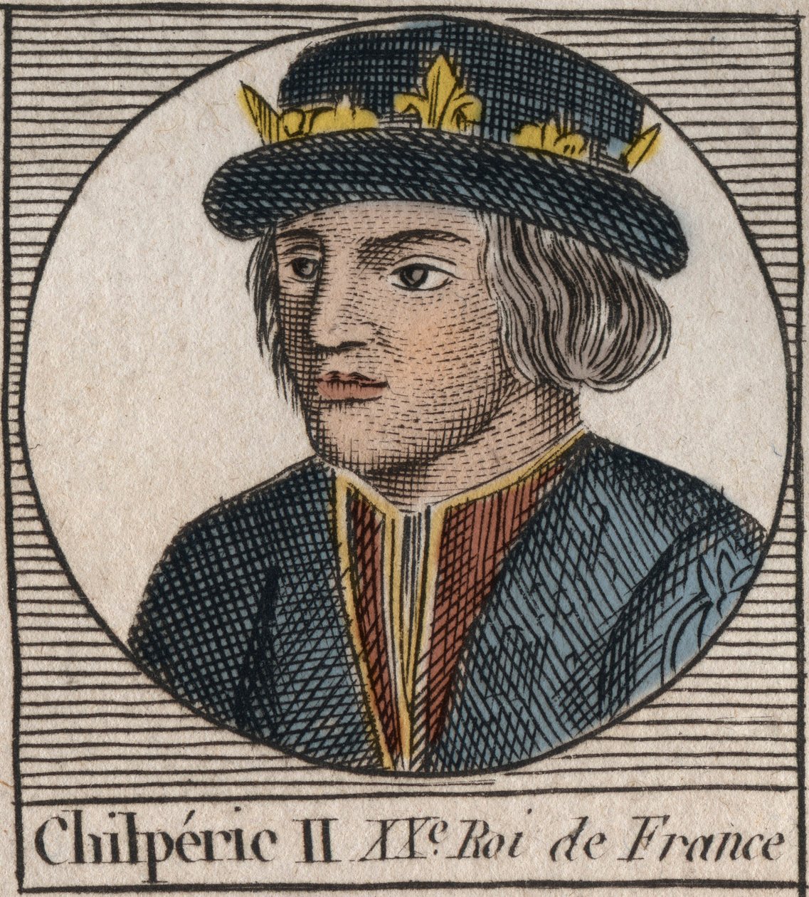 Porträtt av Chilperic II (ca 670 - 721), kung av Neustrien - CHILPERIC II kung av frankerna - gravyr från "Instruction sur l