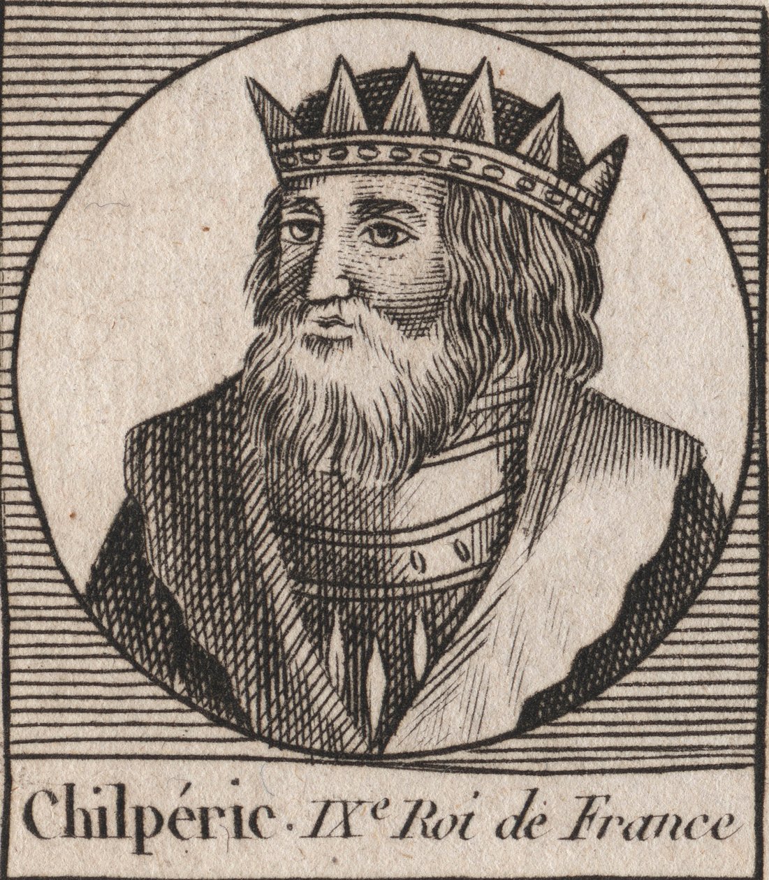 Porträtt av Chilperic I (539 - 584), kung av Neustrien - Chilperic I, merovingerkung av Frankrike - gravyr från "Instruction sur l