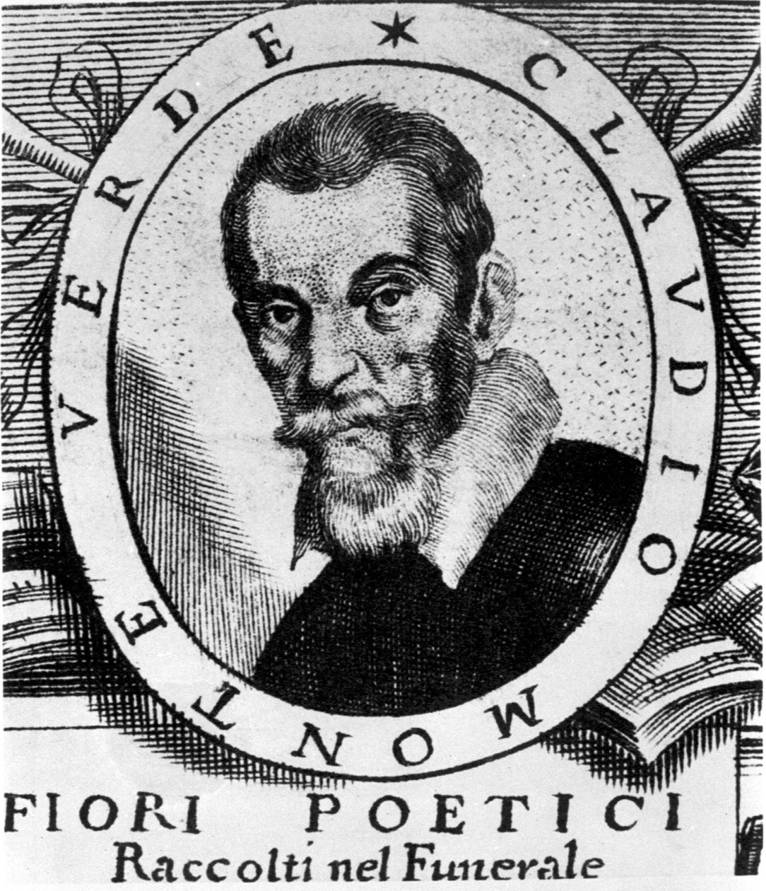 Porträtt av Claudio Monteverdi (1567 - 1643) efter framsidan av Fiori poetici samlad i begravningen av den mycket berömde och mycket vördnadsvärde signor Claudio Monteverdi, publicerad i Venedig 1644. av Unknown artist