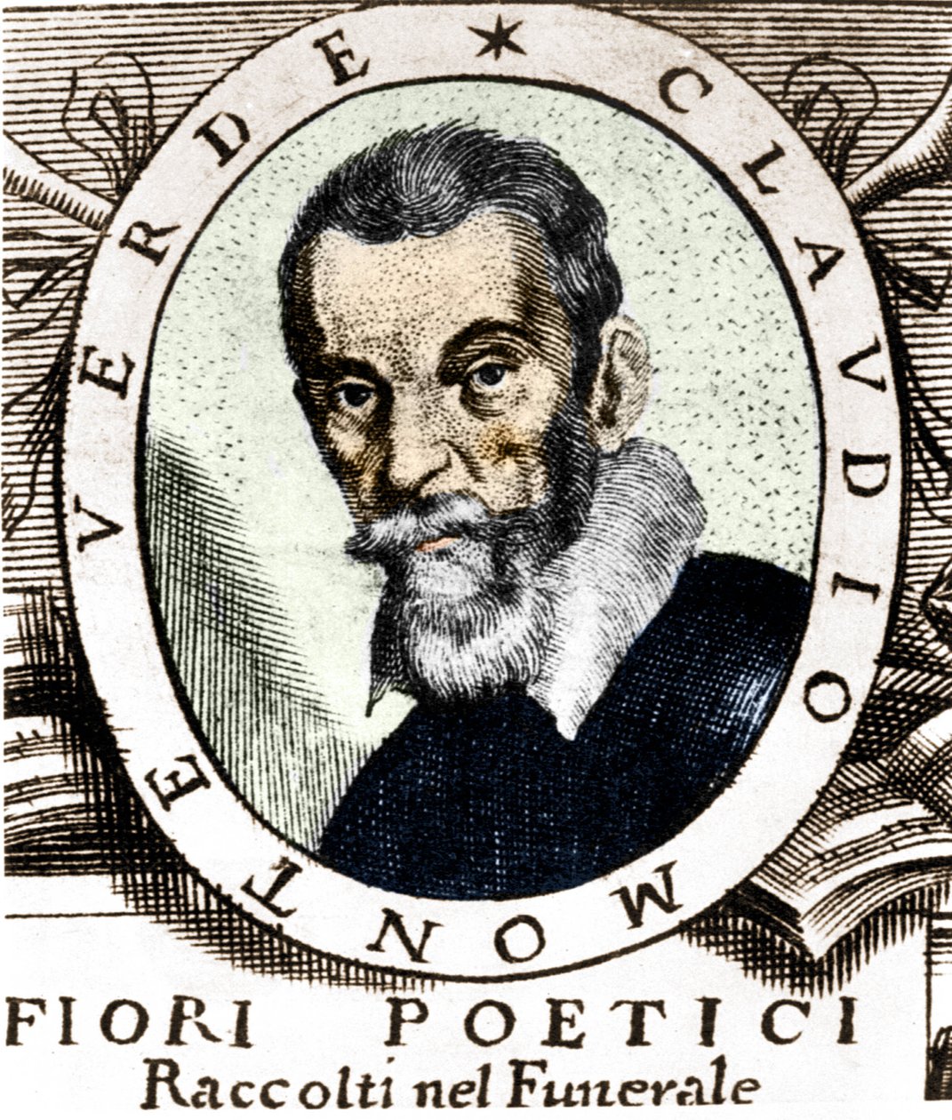 Porträtt av Claudio Monteverdi efter frontispicen av poetiska blommor samlade i begravningen av den mycket berömde och mycket vördnadsvärde signor Claudio Monteverdi, publicerad i Venedig 1644. av Unknown artist