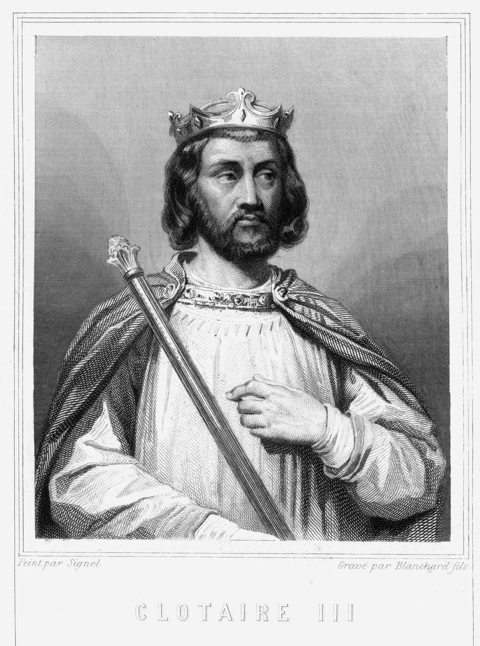 Porträtt av Clotaire (Clothaire) III (652 - 673), kung av Neustrien och Bourgogne - i "Histoire des Français"" av Lavallée, gravyr, sd. av Unknown artist