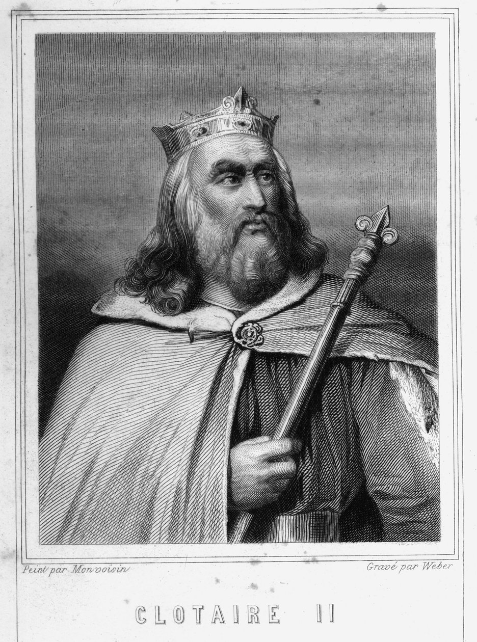 Porträtt av Clotaire (Clothaire) II (584 - 628), kung av Neustrien och kung av frankerna - i "Histoire des Français"" av Lavallée, gravyr, sd. av Unknown artist