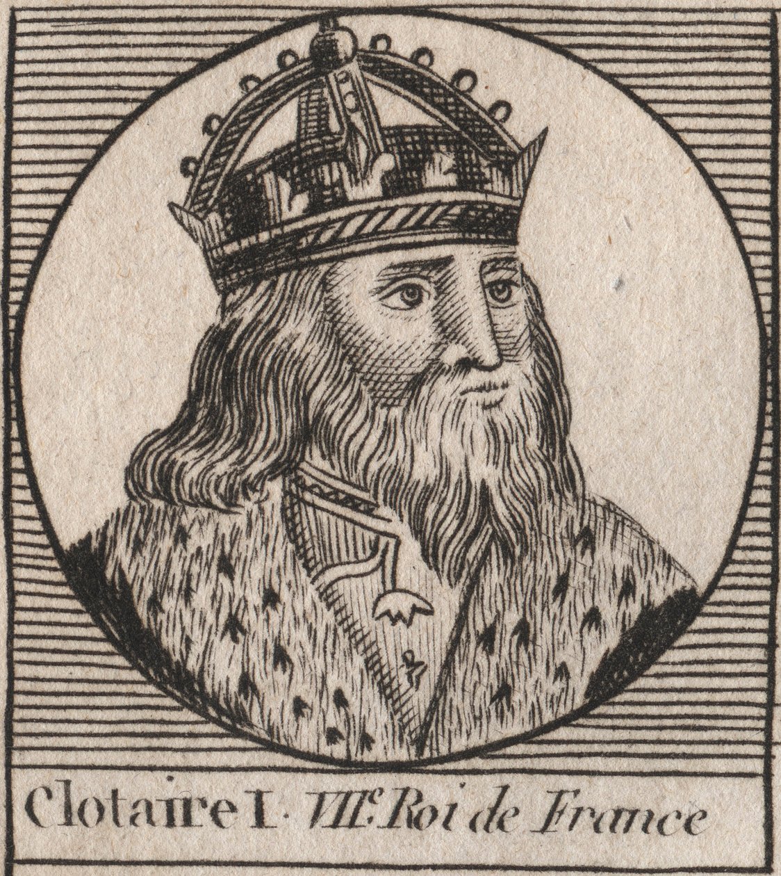 Porträtt av Clothaire I (497 - 561), kung av Neustrien och kung av frankerna - Clothar I, frankernas kung - gravyr från "Instruction sur l