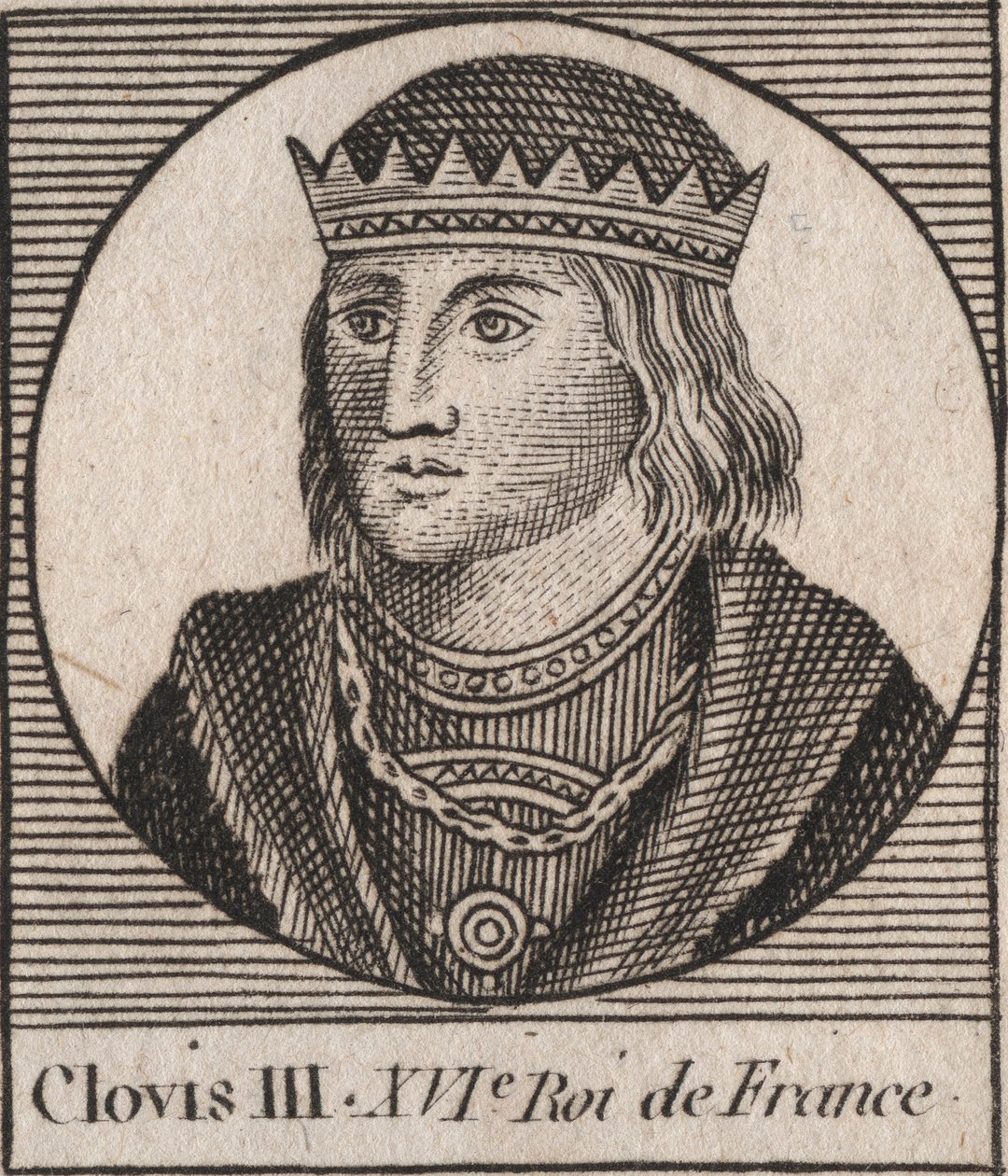 Porträtt av Clovis III, frankernas kung från 691 till 695 - CLOVIS III Merovinger kung av Neustrien och Austrasien - gravyr från "Instruction sur l