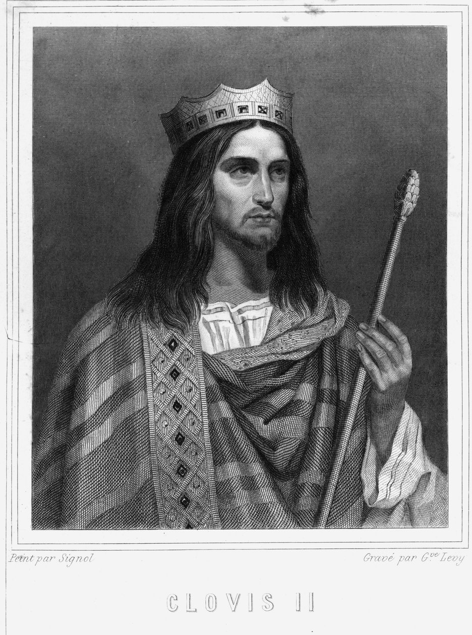 Porträtt av Clovis II (? - 657), kung av Neustrien, Bourgogne och Austrasie - i "" Histoire des Français"" av Lavallée, gravyr, sd. av Unknown artist