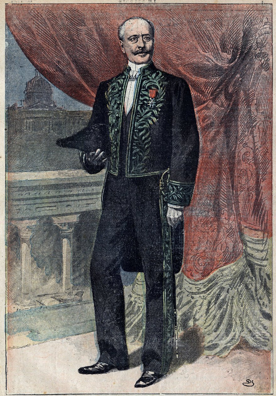 Porträtt av greve Albert de Mun (1841-1914), en fransk politiker, essäist och militär, när han började på Academy Francaise den 10 mars 1898. Illustration i "" Le Pelerin"" den 20 mars av Unknown artist