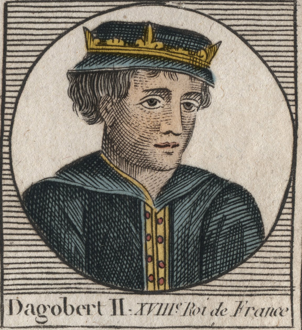 Porträtt av Dagobert II, frankernas kung från 711 till 716 - Dagobert II (676-679), kung av Austrasien - gravyr från "Instruction sur l