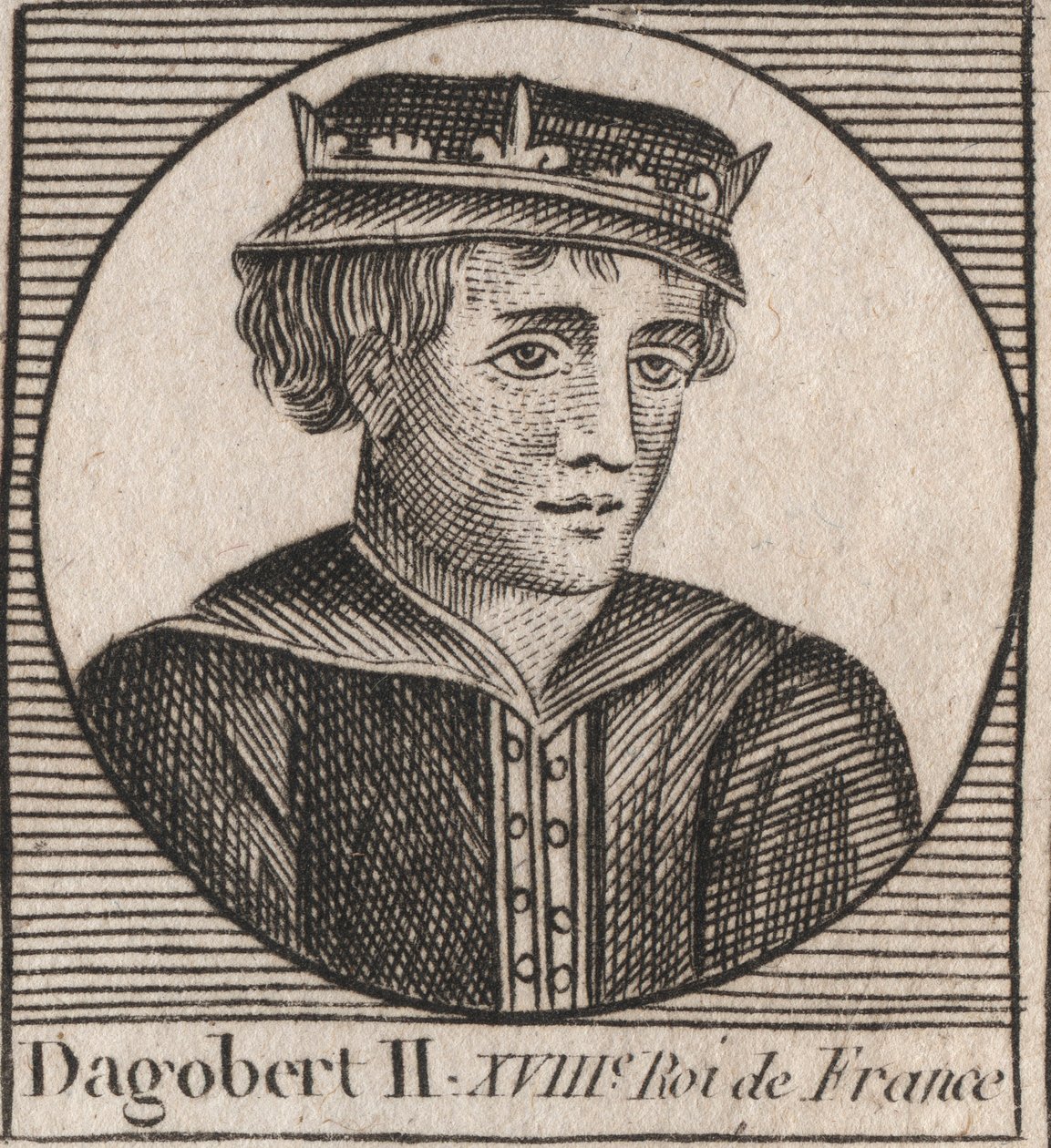 Porträtt av Dagobert II, kung av francen av 711a 716 - Dagobert II (676-679), kung av Austrasien - gravyr från "Instruction sur l