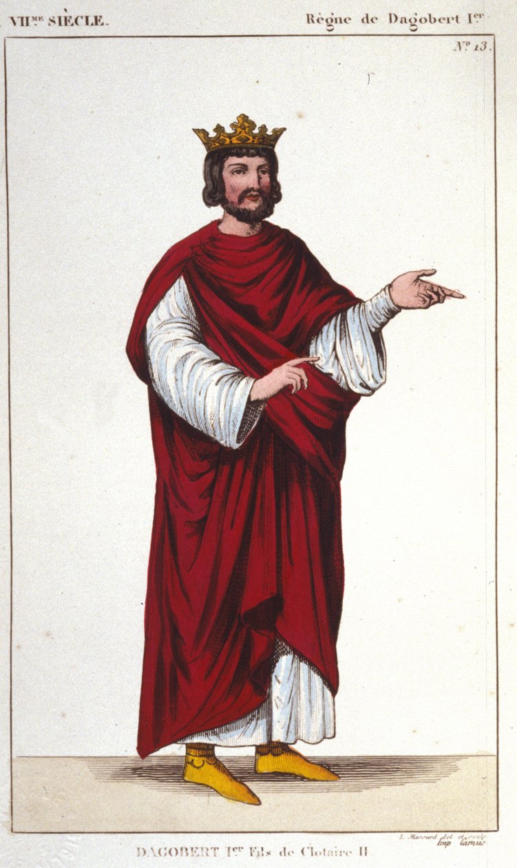 Porträtt av Dagobert I (? - 639), Frankernas kung, gravyr från Merovingernas dynasti från 1830 av Unknown artist