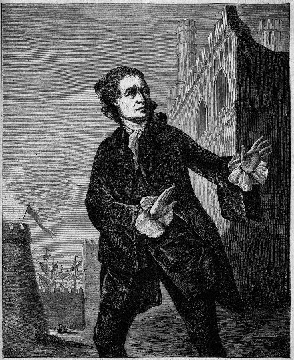 Porträtt av David Garrick (1717-1779), engelsk komiker, som Shakespeares "Hamlet". Gravyr av Wilson i "" Le Magasin pittoreska"" av Unknown artist