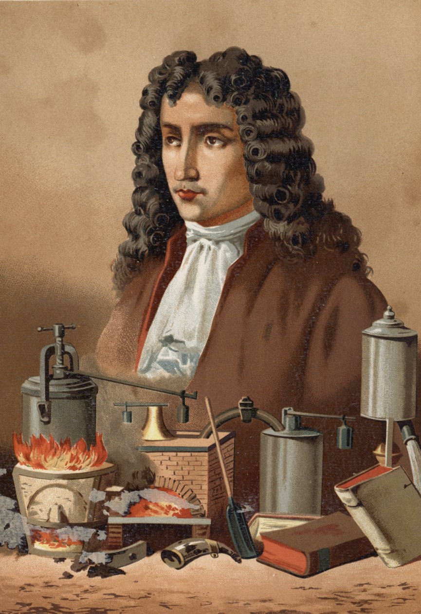 Porträtt av Denis Papin (1647 - 1714) från "Science and its Men" av Louis Figuier. Barcelona 1881 av Unknown artist