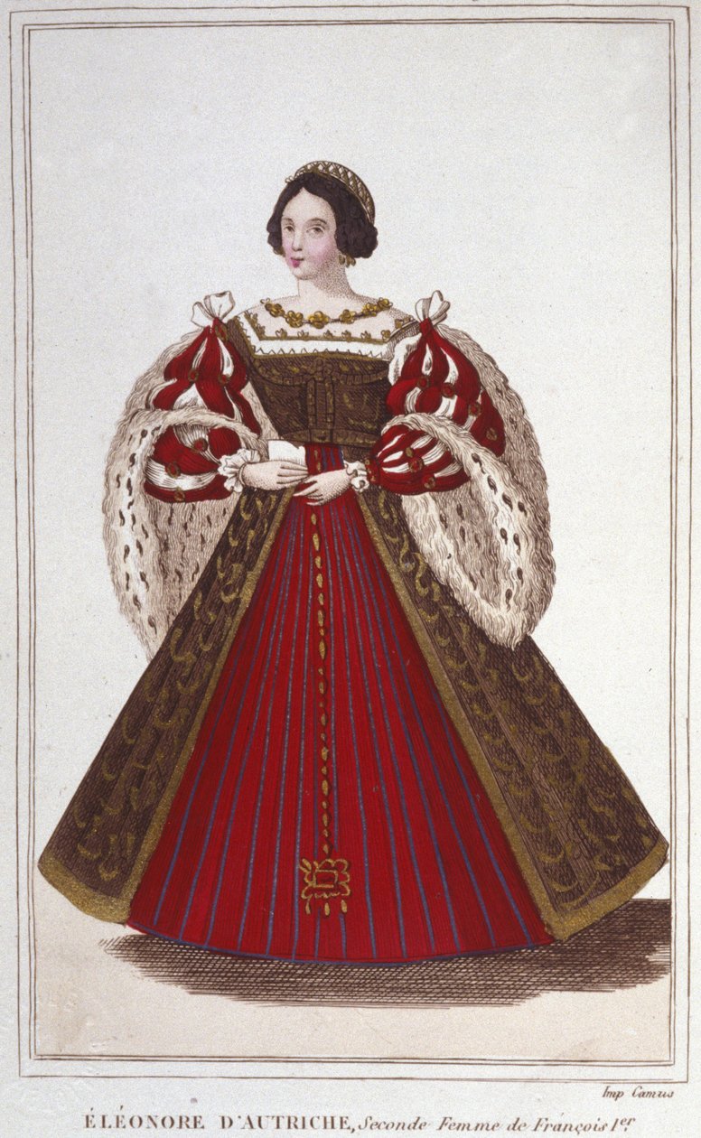 Porträtt av Eleonore av Habsburg (eller Österrike) (1498-1558). Ärkehertiginna av Österrike, drottning av Portugal sedan drottning av Frankrike, andra fru till Francois I. gravyr från 1830 av Unknown artist