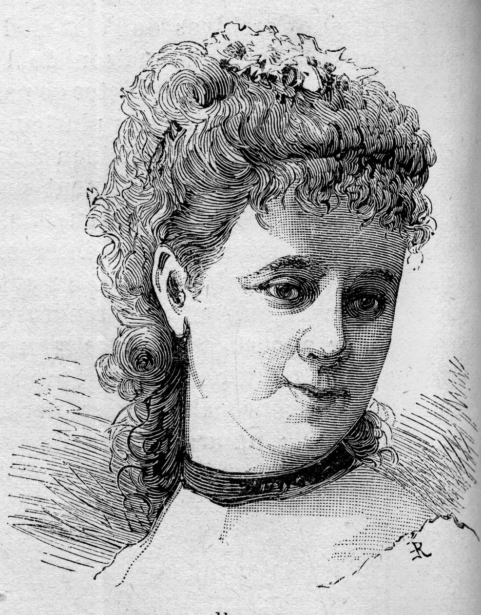 Porträtt av Emilie Broisat (1848-1929), fransk komiker, medlem av Comedie Francaise. Gravyr i "" Le Monde Illustré"" nr 1168 av 16 augusti 1879. av Unknown artist
