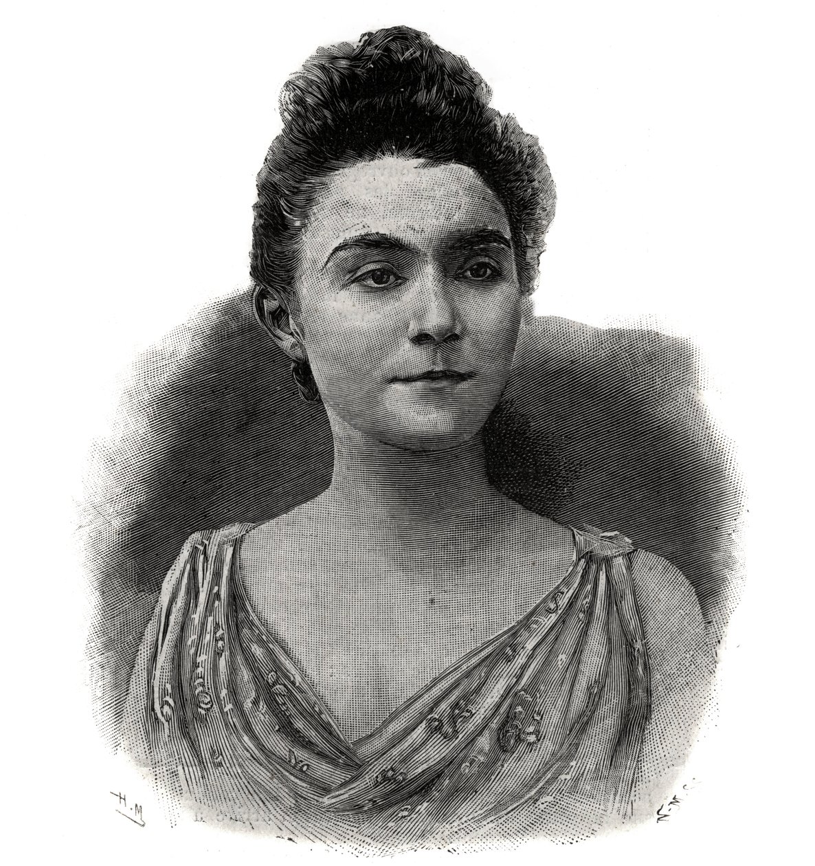 Porträtt av Emma Laure Esther Guilbert, dit Yvette Guilbert (1865-1944) Fransk sångerska vid kaffekonserten - Gravyr från 1892 av Unknown artist