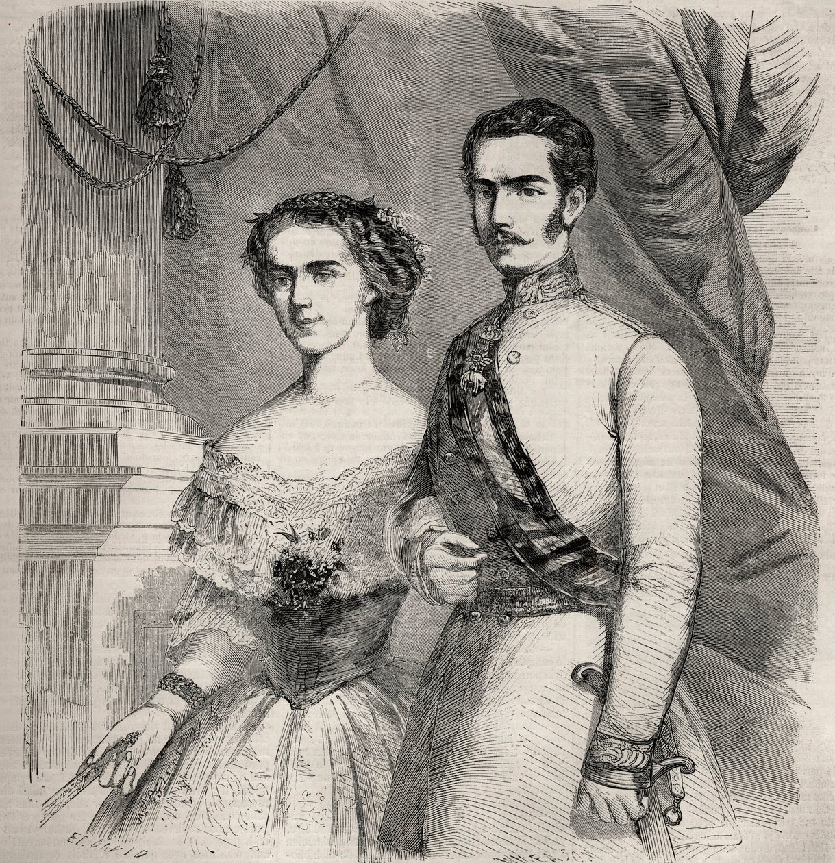 Porträtt av kejsar Francois Joseph (Francois Joseph) I av Österrike (1830-1916) och hans hustru Elisabeth av Wittelsbach (1837-1898) (sissi). Gravyr i ”Le Monde illustrious”” från 1857. Privat samling. av Unknown artist