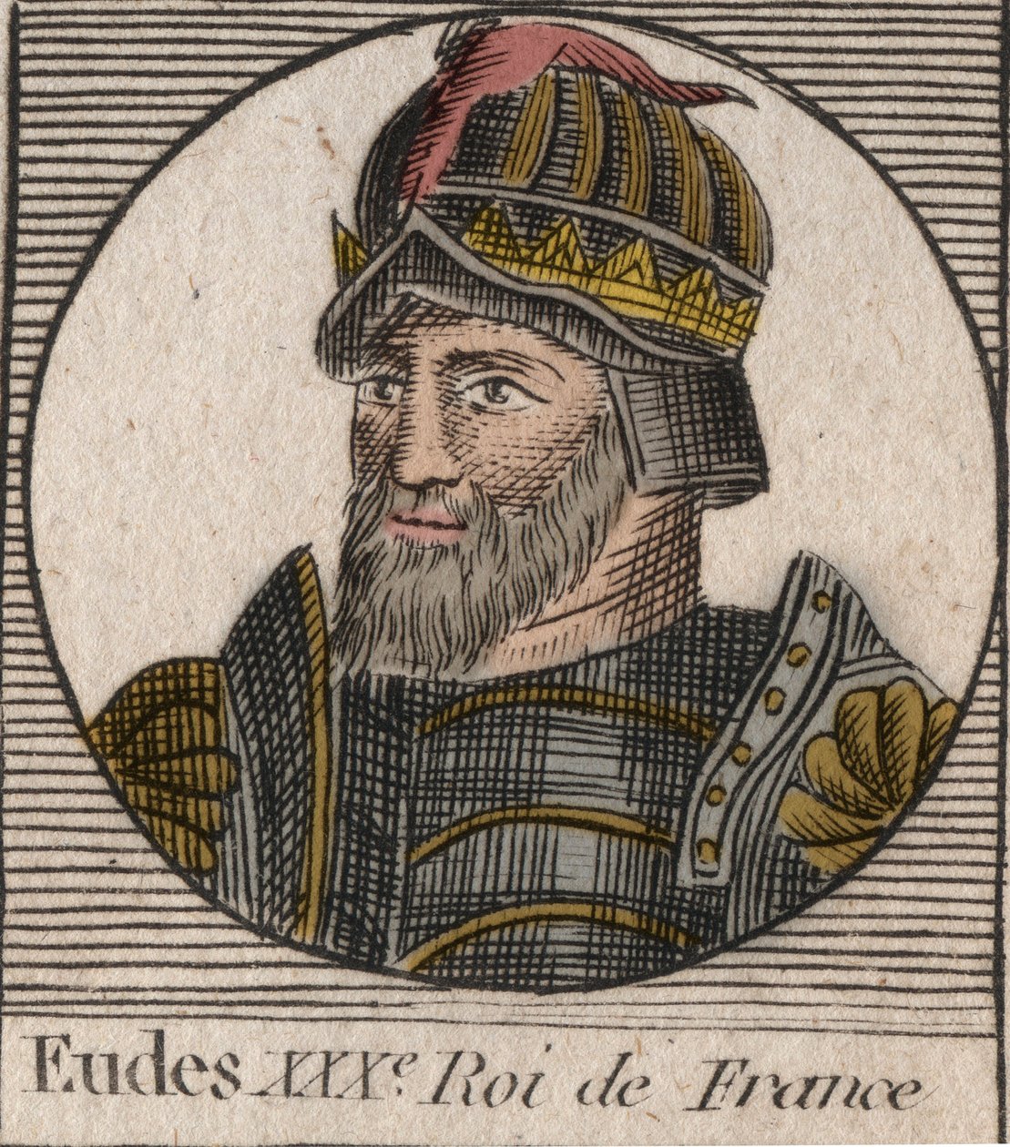 Porträtt av Eudes (Odon) (v. 860 - 898), greve av Paris och Troyes, då kung av Frankrike - EUDES greve av Paris vald till fransk tron efter avsättningen av kejsaren Karl - gravyr från "Instruction sur l