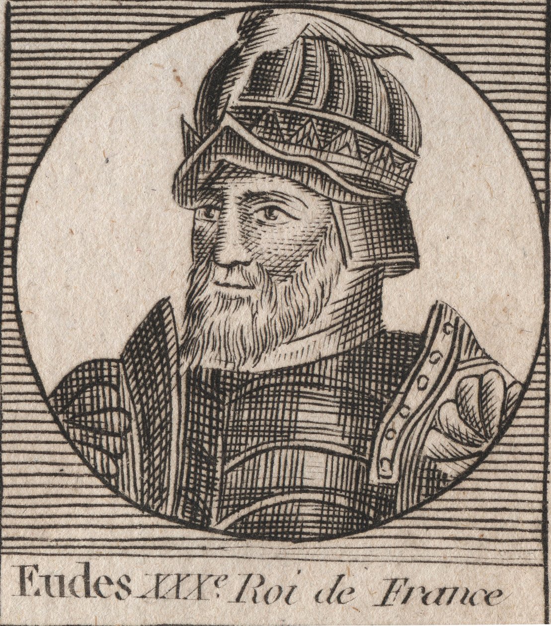 Porträtt av Eudes (Odon) (v. 860 - 898), greve av Paris och Troyes, då kung av Frankrike - EUDES greve av Paris vald till fransk tron efter avsättningen av kejsaren Karl - gravyr från "Instruction sur l