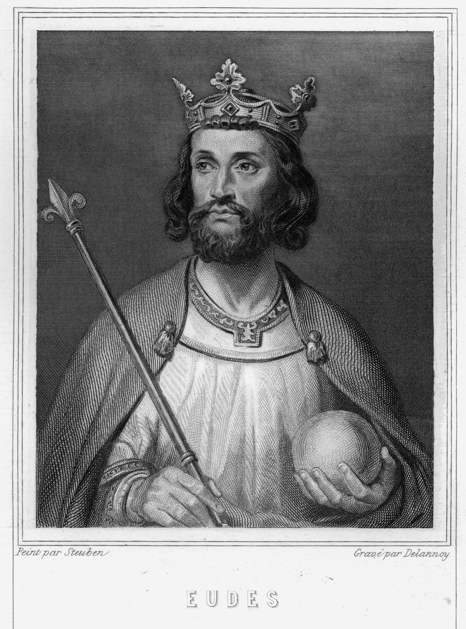 Porträtt av Eudes (Odon) (v. 860 - 898), greve av Paris och Troyes, då kung av Frankrike - i "Histoire des Français"" av Lavallée, gravyr, sd. av Unknown artist