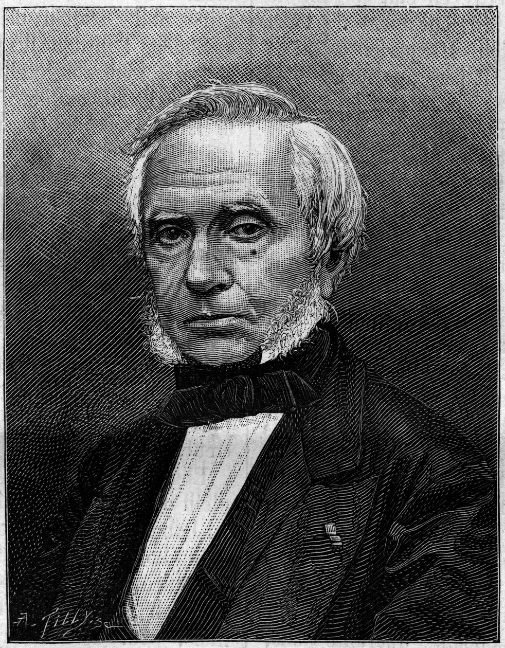 Porträtt av Eugene Bourdon (1808-1884), fransk ingenjör, uppfinnare av "manometern Bourdon" för att mäta tryck. Gravyr i "" Naturen. Granskning av vetenskap och dess tillämpningar på konst och industri. 1884 av Unknown artist