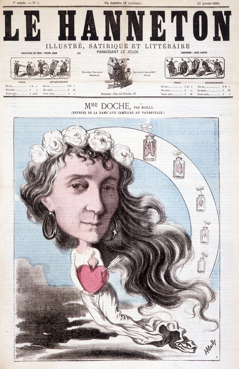 Porträtt av Eugénie Doche som spelar i en omslag på Vaudeville-teatern "La Dame aux Camélias", skriven av Alexandre Dumas (ljud) 1852. I Le Hanneton, 23 januari av Unknown artist