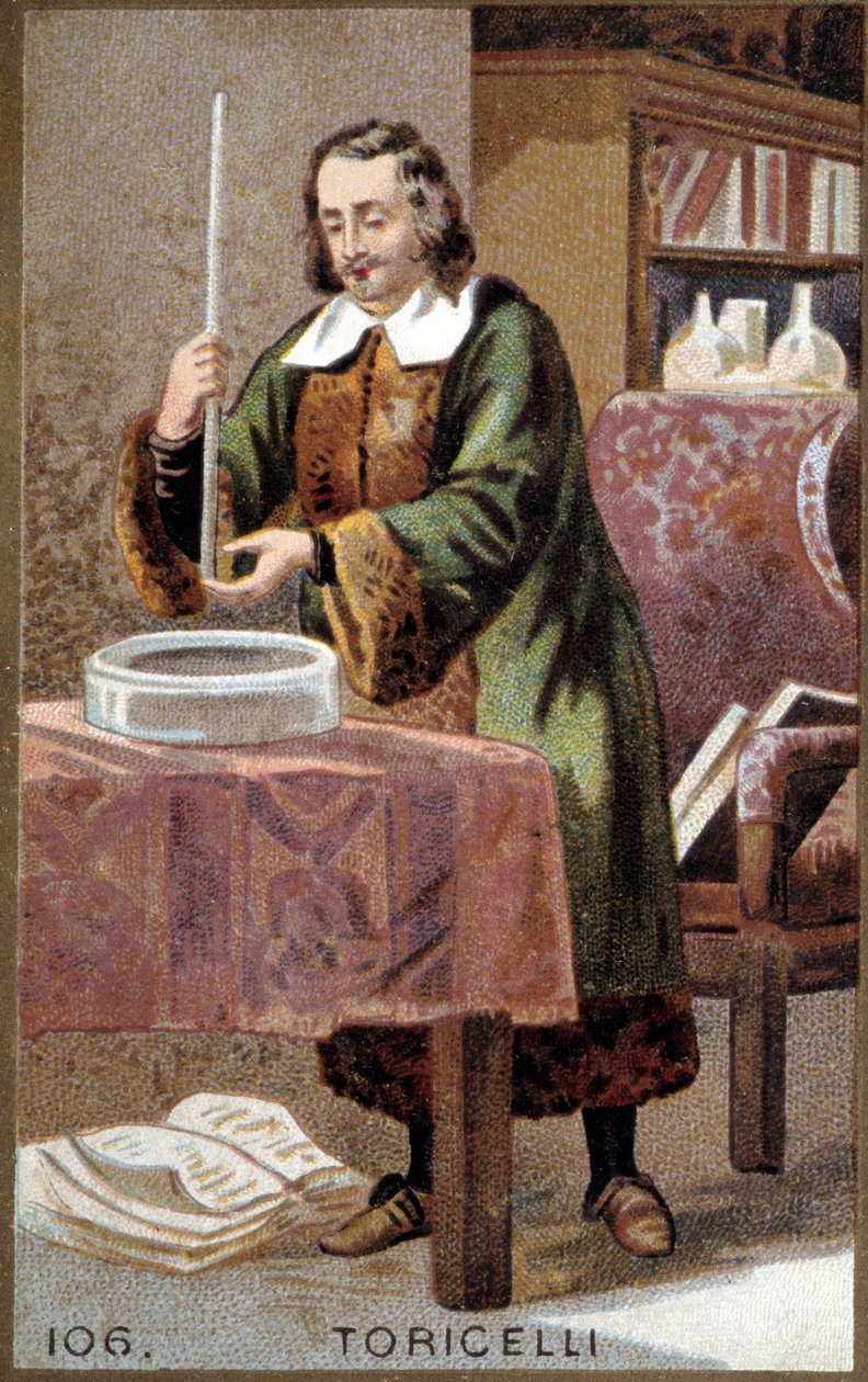 Porträtt av Evangelista Torricelli eller Toricelli (1608-1647), italiensk fysiker, med sin uppfinning: Barometern (kvicksilverrör). av Unknown artist