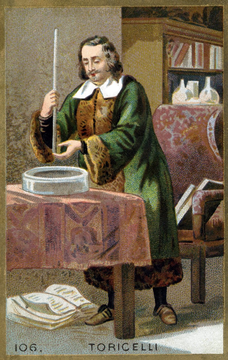 Porträtt av Evangelista Torricelli eller Toricelli (1608 - 1647), italiensk fysiker med sin uppfinning Barometern (kvicksilverrör). Kromolitografi av 1800-talet. av Unknown artist