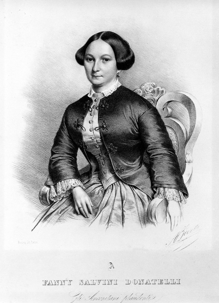 Porträtt av Fanny Salvini Donatelli, sångerska som framförde den första Violetta i "La Traviata" av Giuseppe Verdi 1853. av Unknown artist