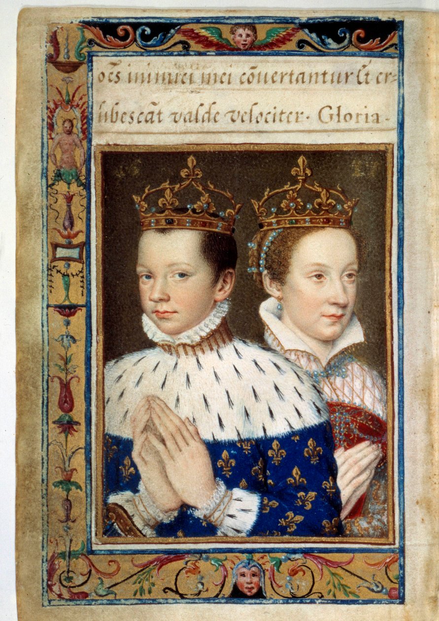 Porträtt av Francois II (1544-1560) och Marie Stuart (1542-1587) Kung och drottning av Frankrike Manuskriptsida av "Timeboken av Catherine de Medicis" (Caterina de Medici) 1500-talets Paris, B.N. av Unknown artist