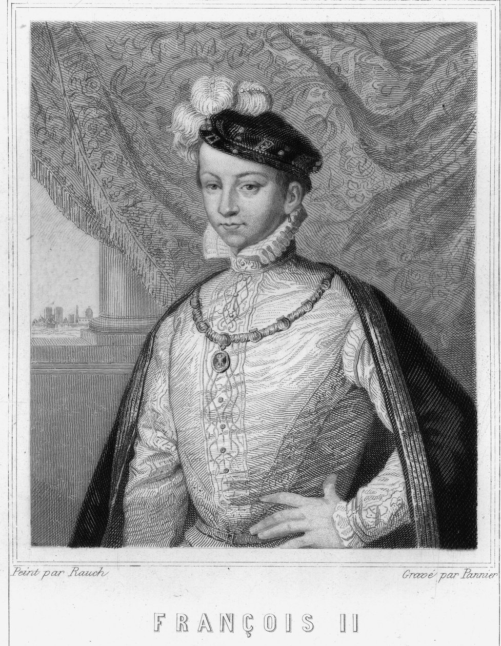 Porträtt av Francois II (1544 - 1560), kung av Frankrike - i "Histoire des Français"" av Lavallée, gravyr, sd. av Unknown artist