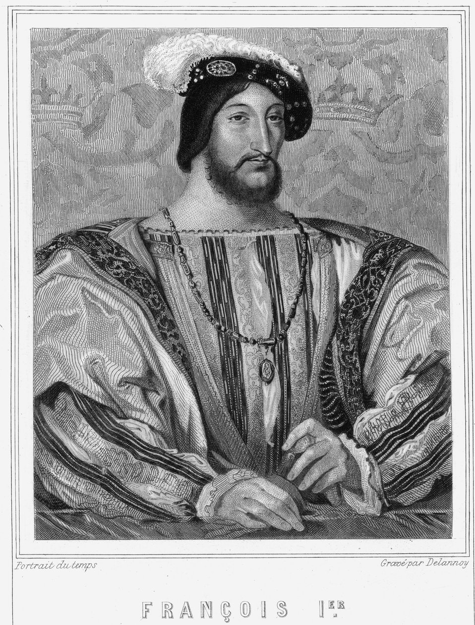 Porträtt av Francois I (1494 - 1547), kung av Frankrike - i "Histoire des Français"" av Lavallée, gravyr, sd. av Unknown artist