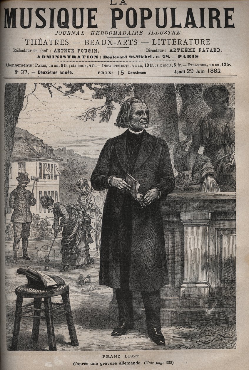 Porträtt av Franz Liszt (1811-1886), ungersk kompositör, pianist och dirigent (Franz Liszt, ungersk kompositör, pianist och dirigent) gravering i "" Popular Music """ berömda veckotidning - 1882 av Unknown artist