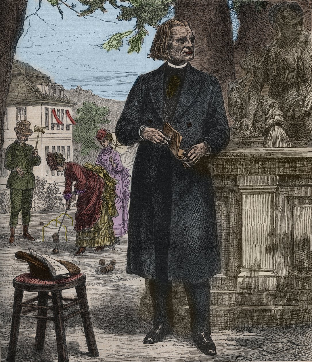 Porträtt av Franz Liszt (1811-1886), ungersk kompositör, pianist och dirigent (Franz Liszt, ungersk kompositör, pianist och dirigent) gravering i "" Popular Music """ berömda veckotidning - 1882 av Unknown artist