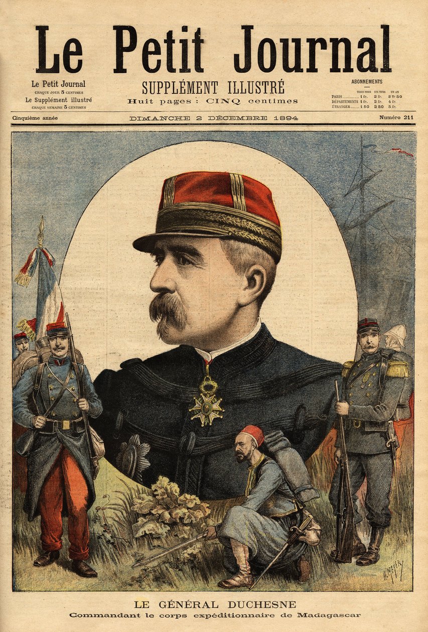 Porträtt av general Jacques Charles Duchesne (1837-1918), befälhavare för de väpnade styrkorna som skickades till Madagaskar 1894, tog han Tananarive. Gravyr i "" Le petit journal"" 1894-12-3. Selvas samling. av Unknown artist