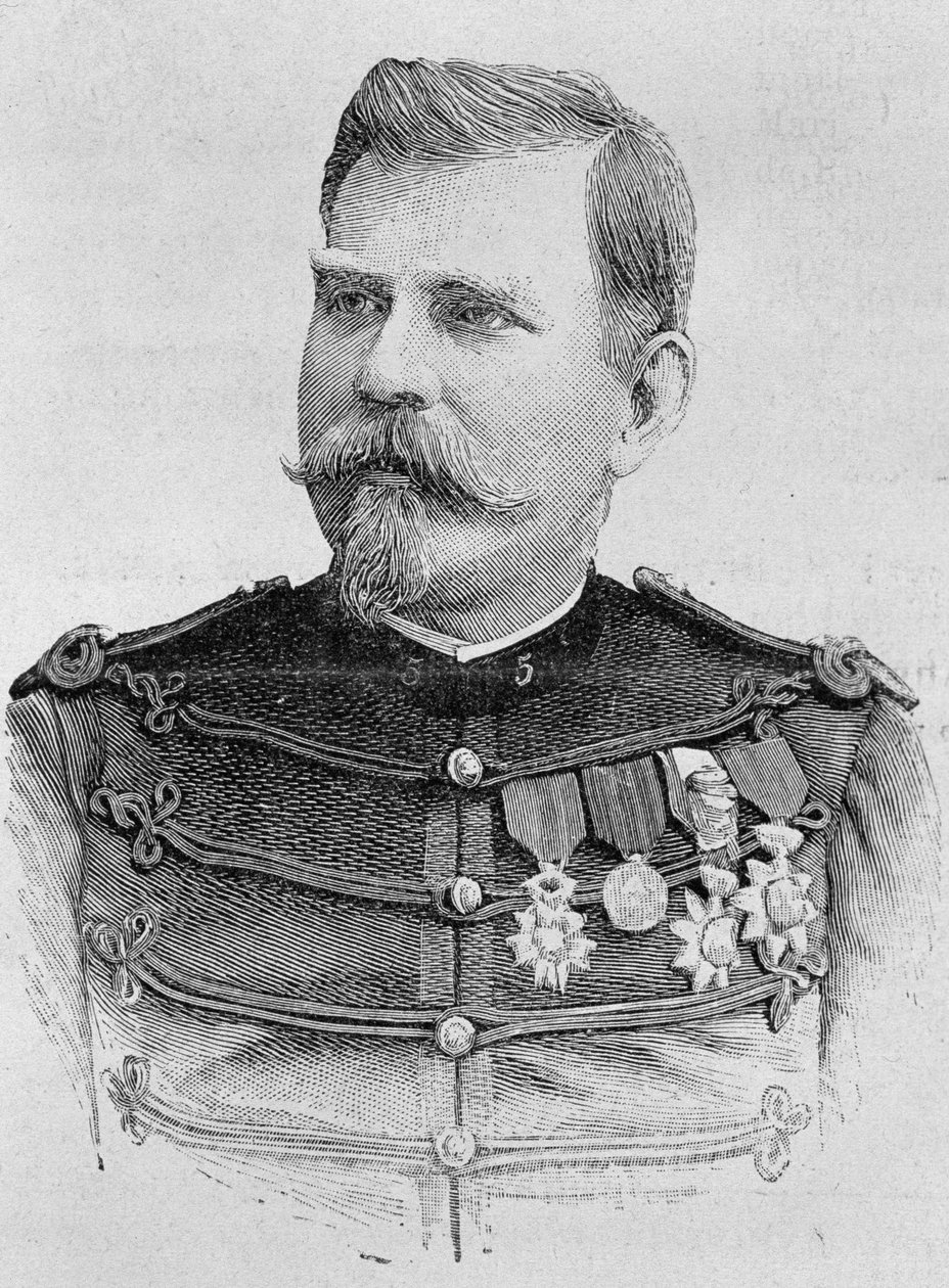 Porträtt av general Joseph Joffre (1852 - 1931). Gravyr från slutet av 1800-talet i "Histoire de France"" av H. Martin. av Unknown artist