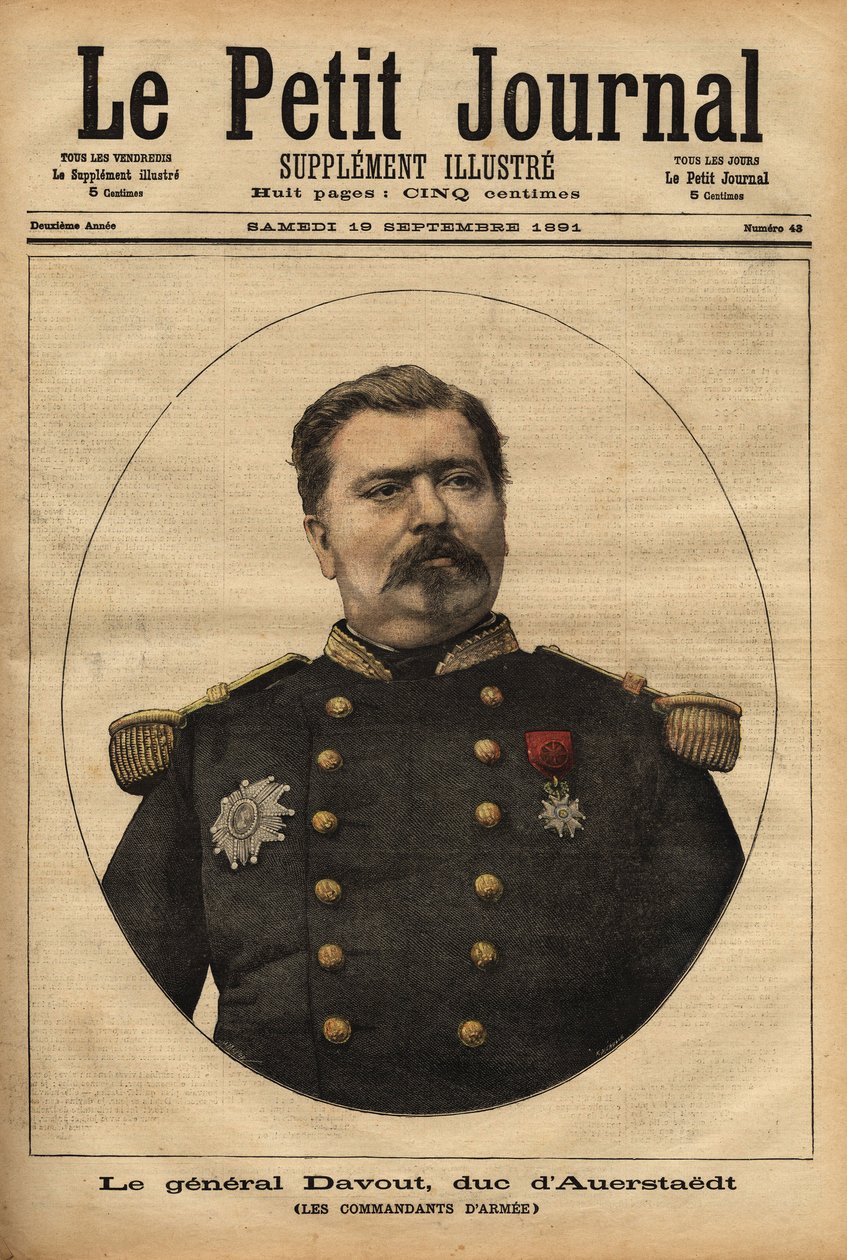 Porträtt av general Leopold Davout, hertig av Auerstaedt (1829-1904), stabschef för franska Armee, som deltog i katastrofen under det fransk-preussiska kriget (1870) av Napoleon III (1808-1873). Gravyr i "" Le petit journal"" 1891-09-17. Selvas c av Unknown artist