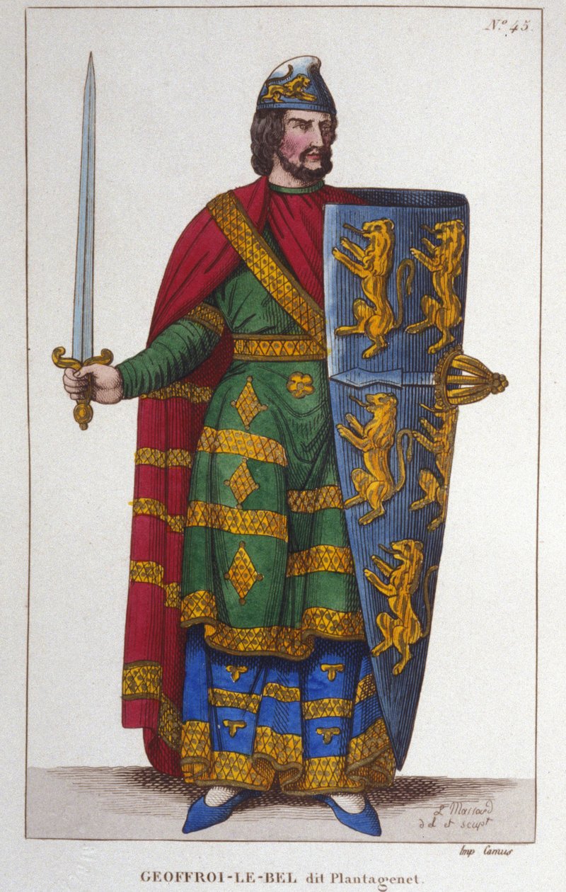Porträtt av Geoffroy V sa Le Bel eller Plantagenêt greve av Anjou (1113-1151). Gravyr från 1830 av Unknown artist