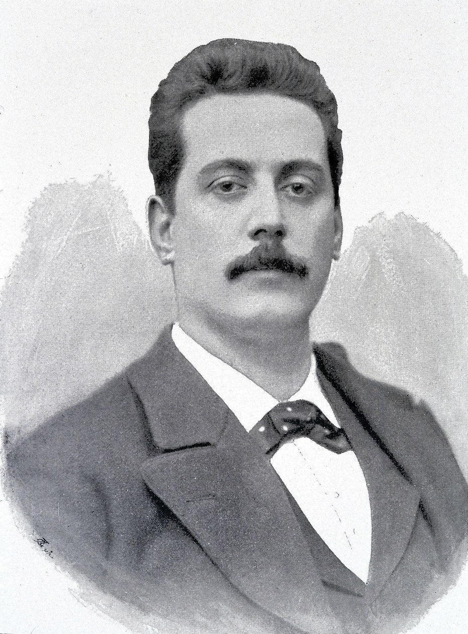 Porträtt av Giacomo Puccini, italiensk kompositör (1858-1924), gravyr från 1800-talet. av Unknown artist