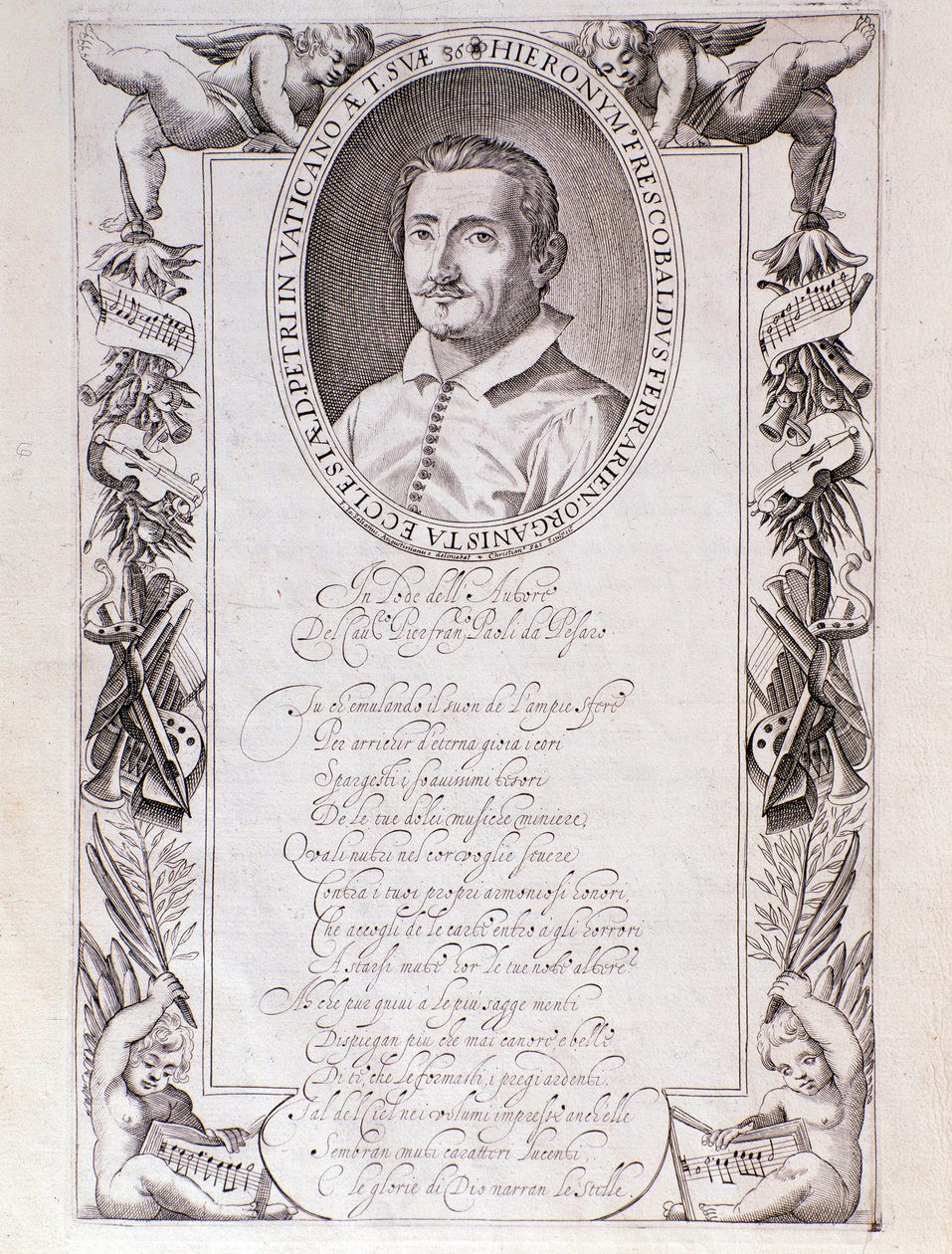 Porträtt av Girolamo Frescobaldi (1583-1643) italiensk kompositör Gravyr från frontispice av "" Tocrate "" partitur. 1637. Bologna, Civic Museum Museum av Unknown artist