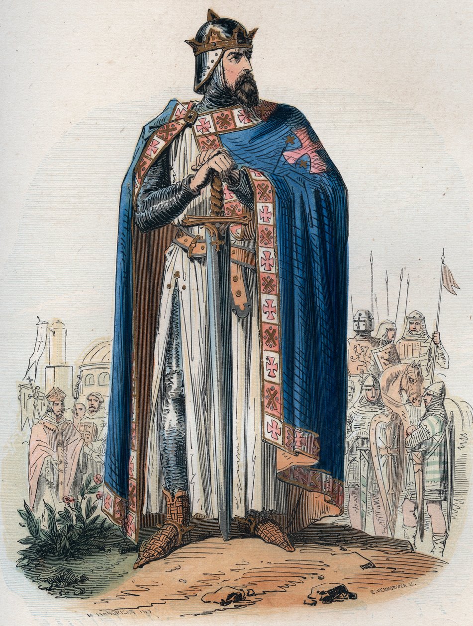 Porträtt av Godefroy (Godefroi) de Bouillon (1061-1100) i korsdräkt. Gravyr från 1868 i "Histoire de Belgique från primitiv tid till slutet av Leopold I:s rege"" av Theodore Juste (1818-1888). Privat samling. av Unknown artist