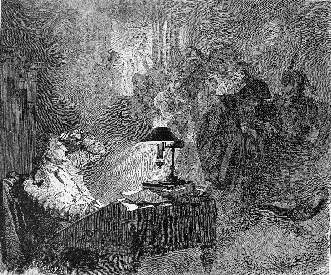 Porträtt av Goethe omgiven av Faust karaktärer Gravyr av Unknown artist