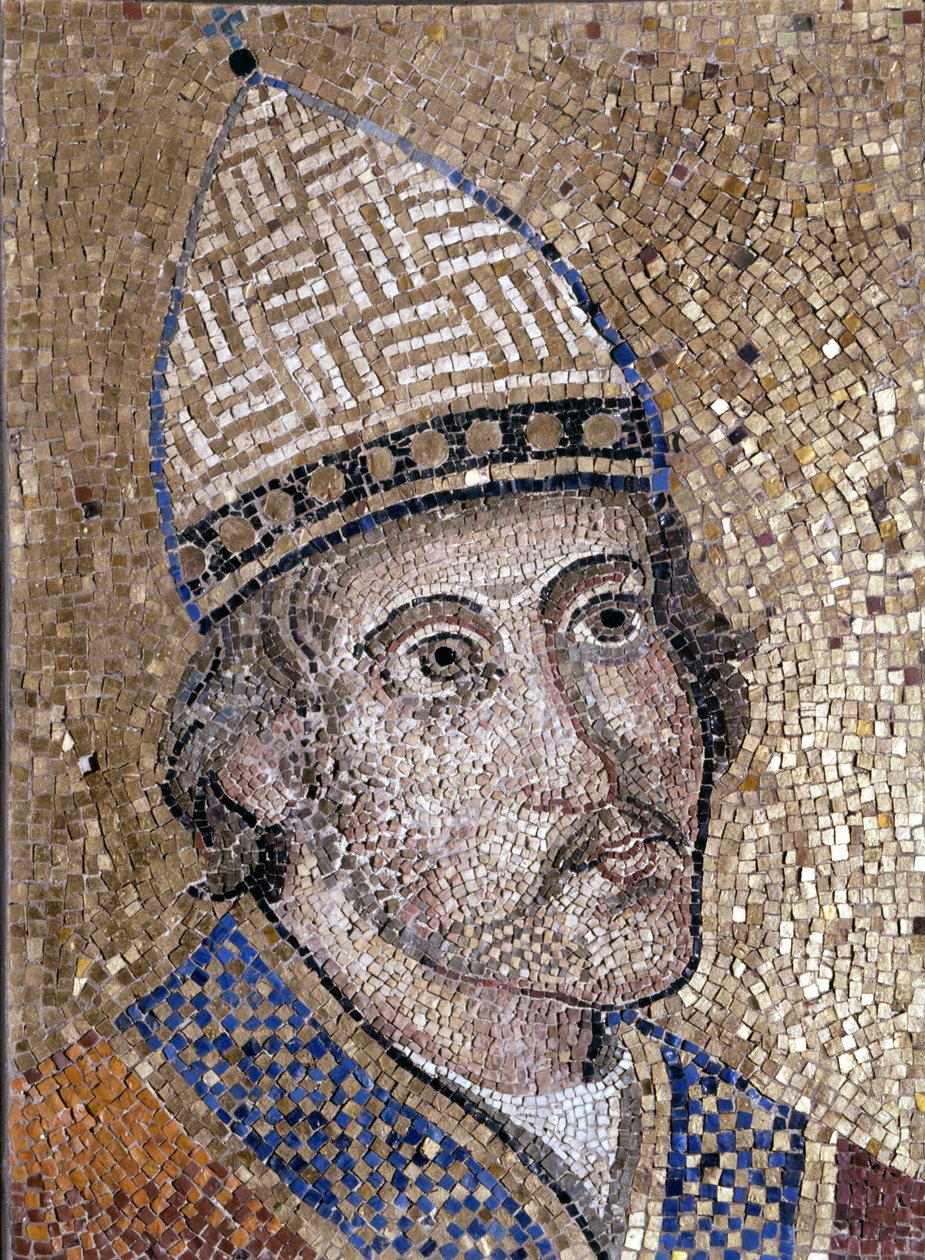 Porträtt av Gregoire IX (1145 - 1241). Han kämpade mot Fredrik II och organiserade inkvisitionen. 1200-talsmosaik från St. Peters gamla absid. Roms museum av Unknown artist