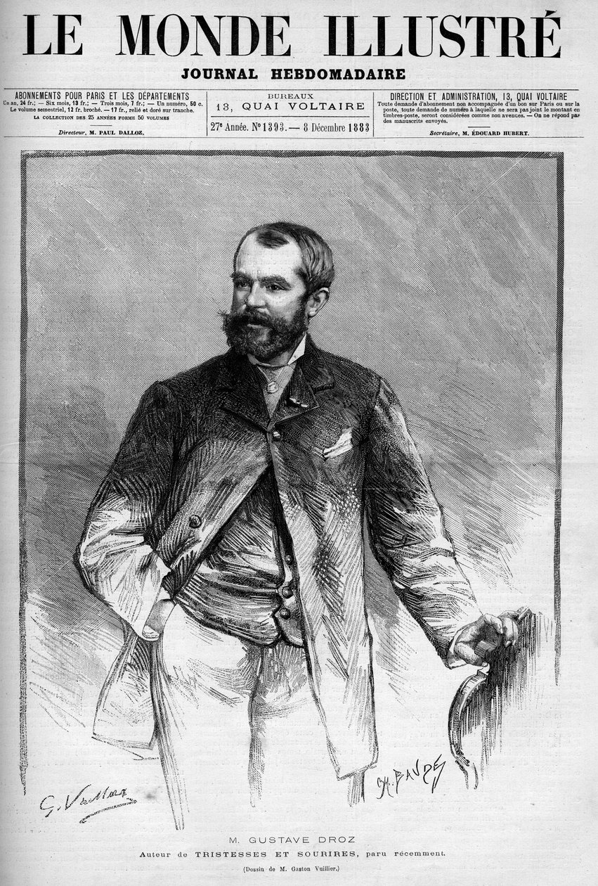 Porträtt av Gustave Droz (1832-1895), fransk målare och romanförfattare. Gravyr i ""The Illustrated World"" av Unknown artist
